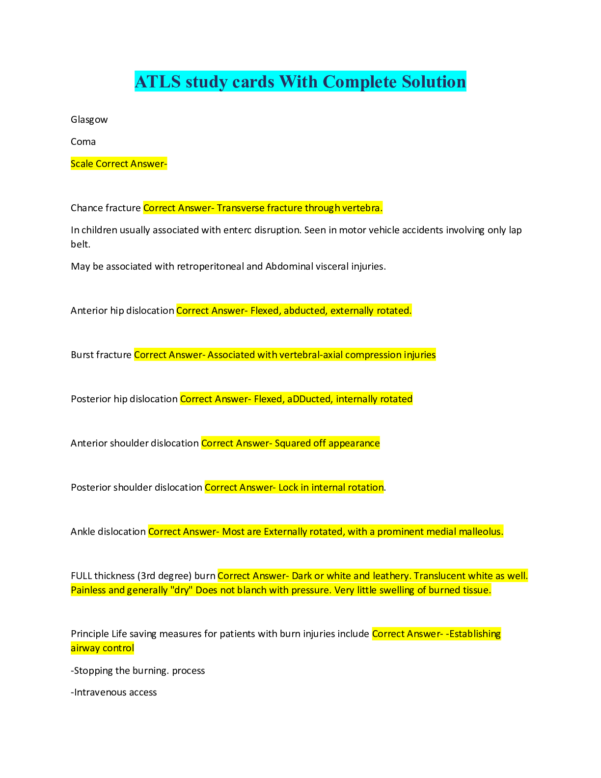 Preview image for ATLS study cards With Complete Solution